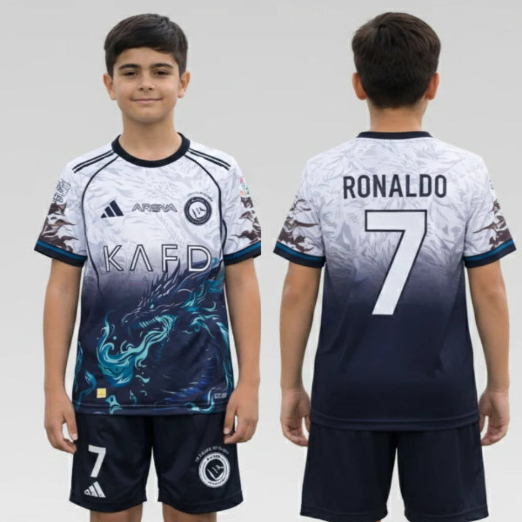 Child wearing a sports jersey with 'KAFD' and 'Adidas' branding Dragon kit, front and back views.