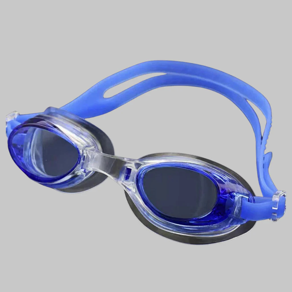 Blue swim goggles on a gray background