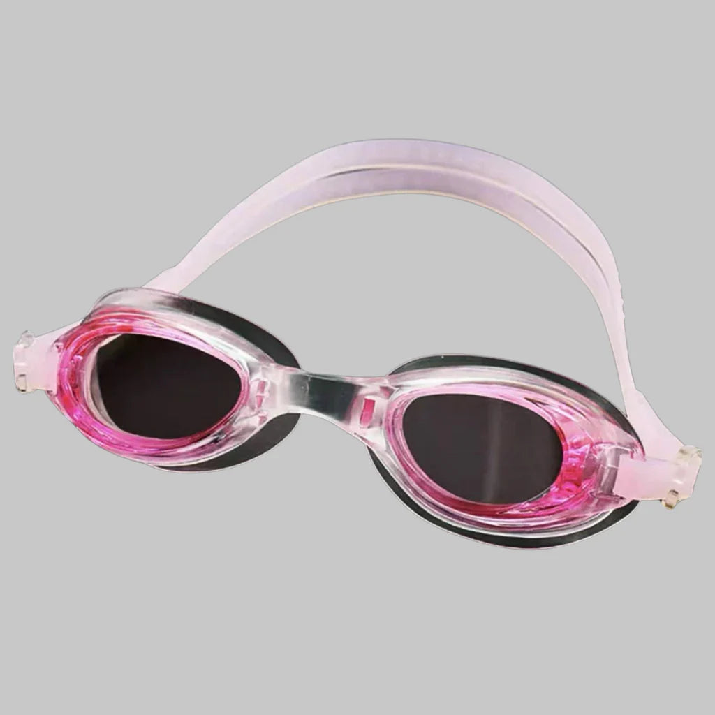 Pink and clear swim goggles on a gray background