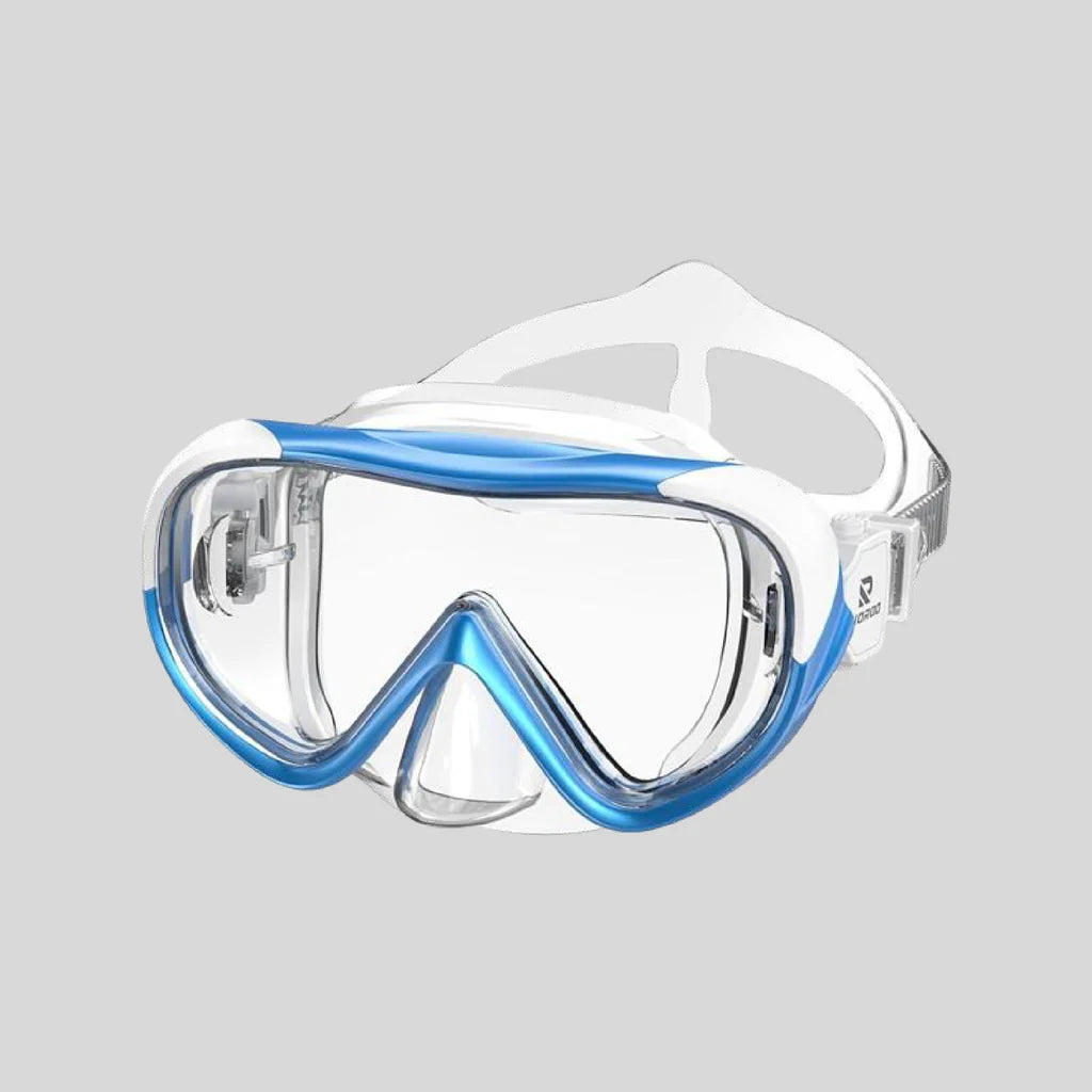 Clear diving mask with blue accents on a gray background
