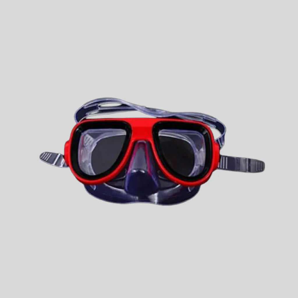 Diving mask with red frame and clear lens on a light gray background