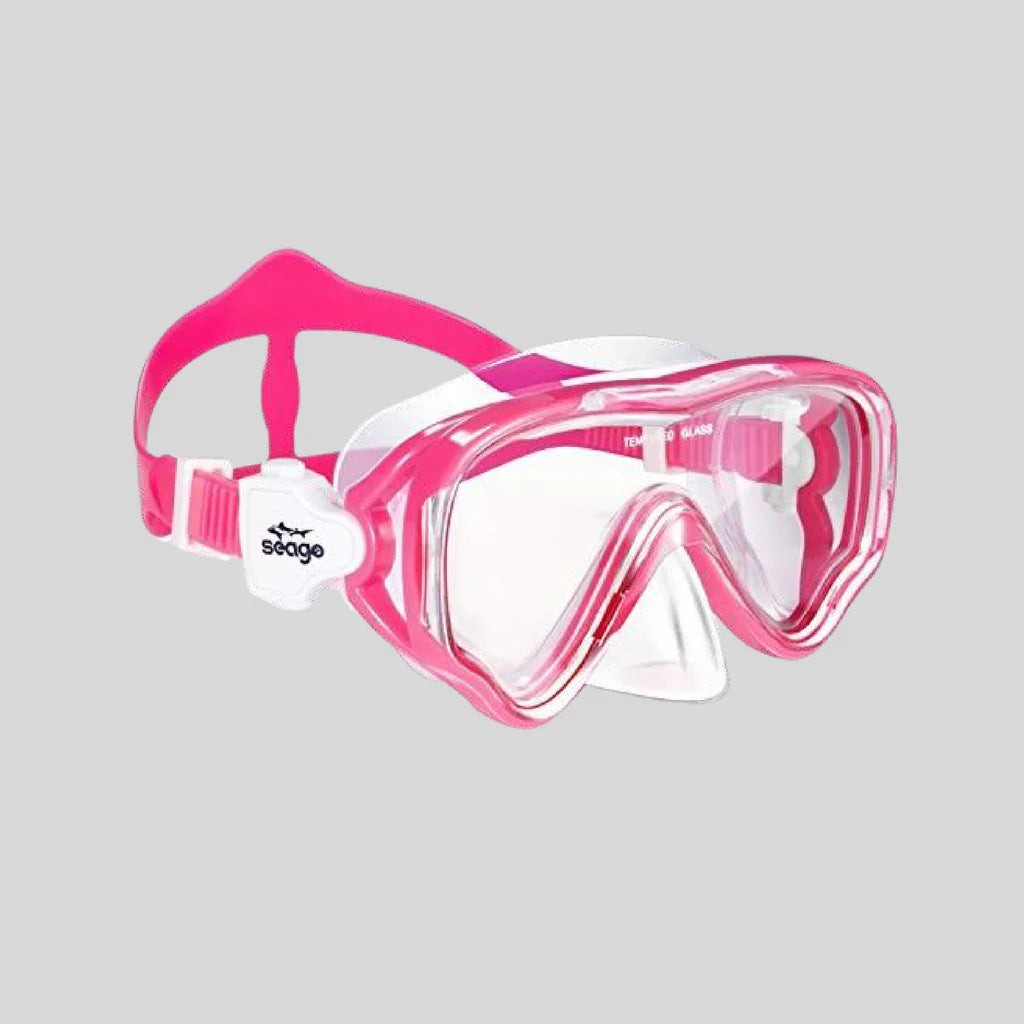 Pink and clear diving mask with Seage logo on a light gray background