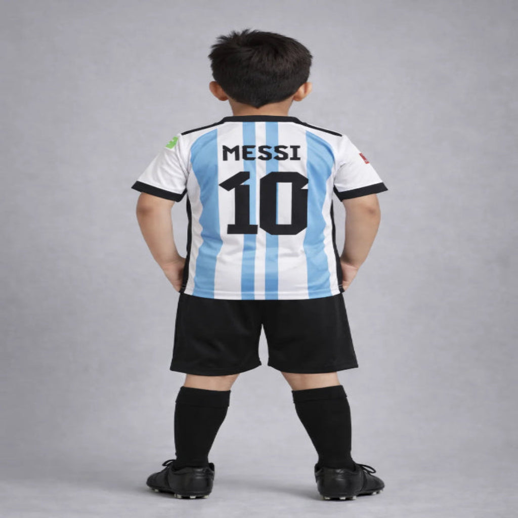 Child wearing a soccer jersey with 'Messi' and number '10' on a gray background