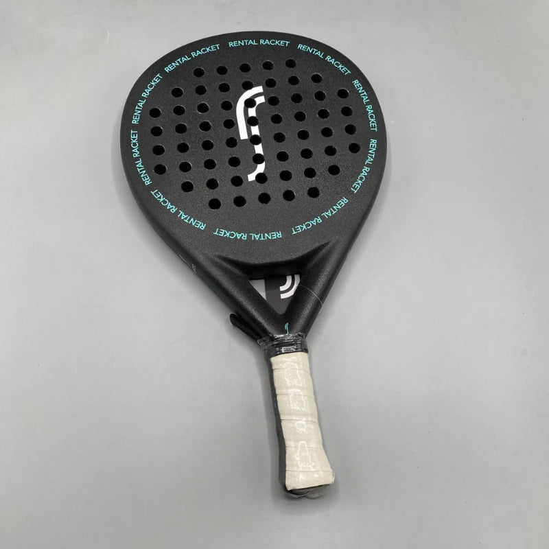 Black tennis racket with white handle on a gray background