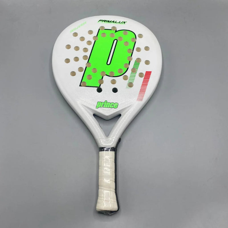 White tennis racket with green logo on a gray background