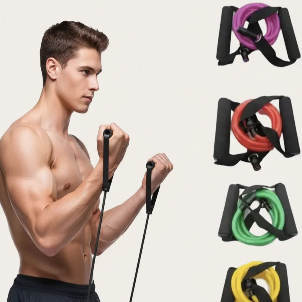Man using resistance bands with color options displayed on a white background