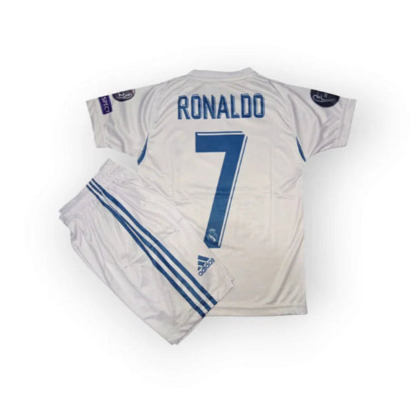 White sports jersey with blue accents and 'RONALDO' and number '7', Adidas logo visible, on a white background