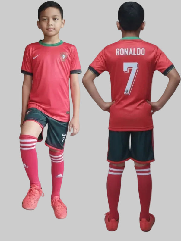 Child wearing a red sports jersey with 'RONALDO' and number '7', Portugal