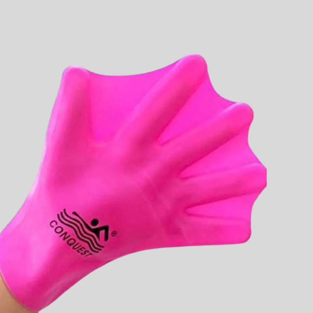 Pink swim fin with 'Conquest' branding on a gray background