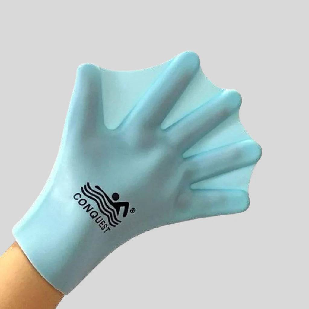 Light blue glove with 'Conquest' logo on a gray background