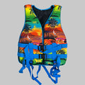 Colorful life vest with tropical design on a gray background