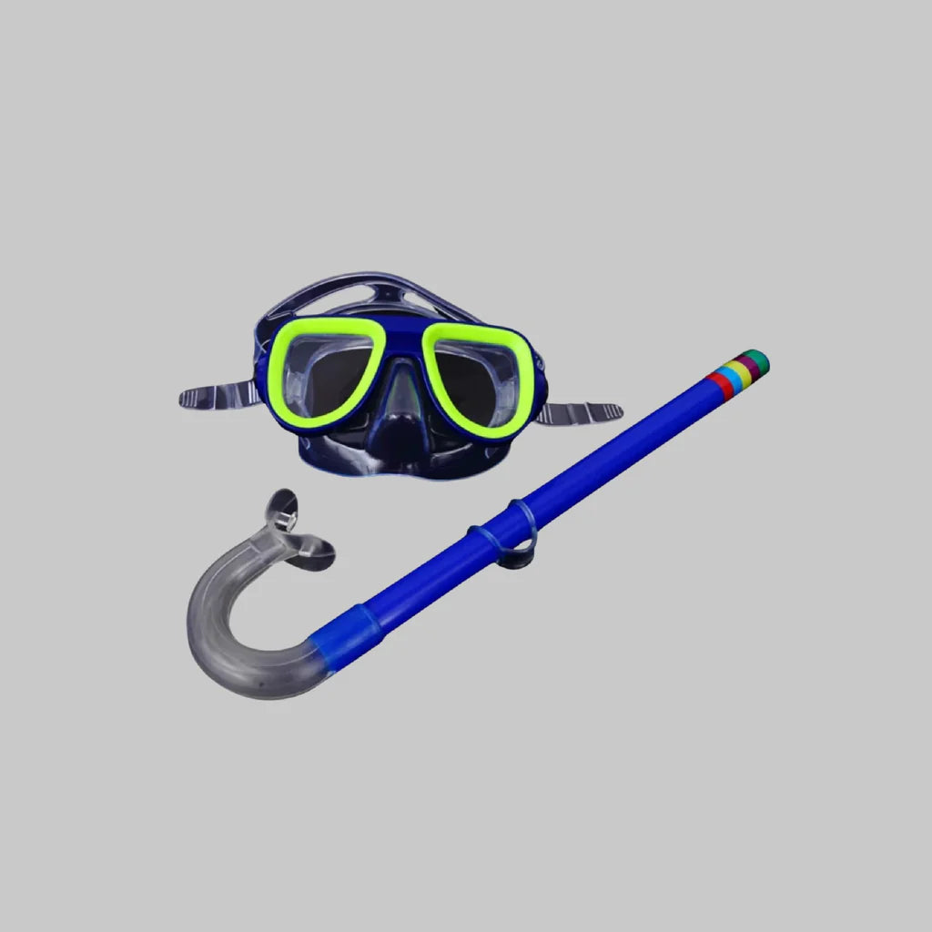 Diving mask and snorkel set on a gray background