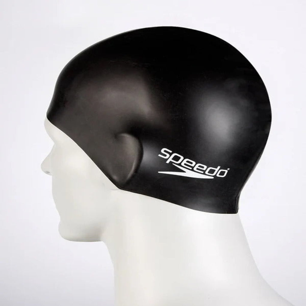 Black swim cap with Speedo logo on a mannequin head against a white background