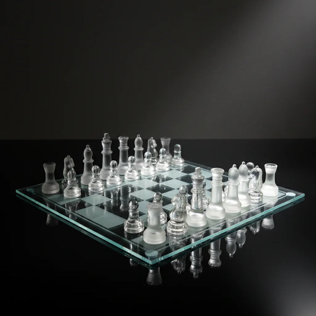 Glass chess set on a black background