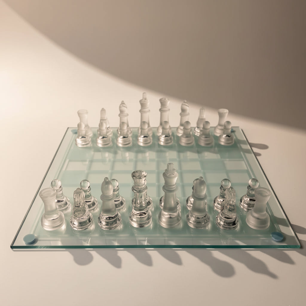 Glass chess set on a white surface with a clear glass board