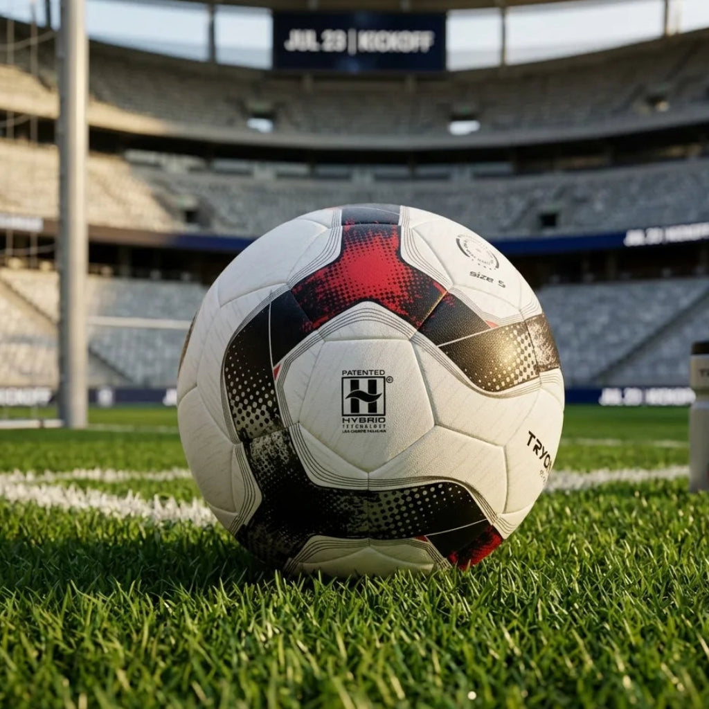 Soccer ball on a grass field with stadium seats in the background