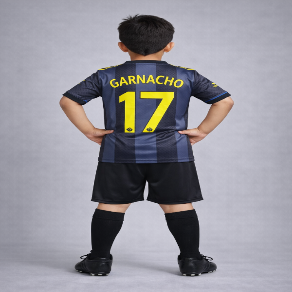 Child wearing a sports jersey with 'GARNACHO' and the number '17' on a gray background