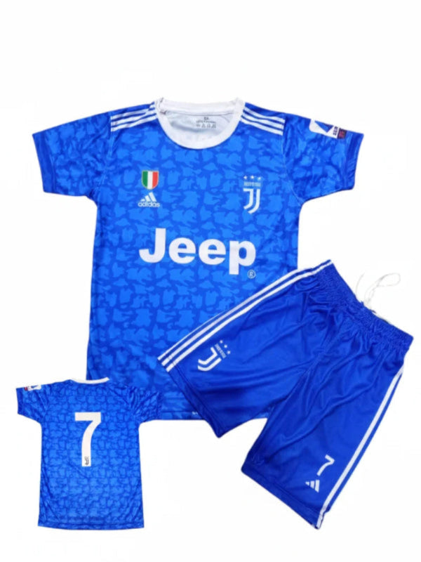 Juventus sports jersey and shorts set with Adidas logo on a white background