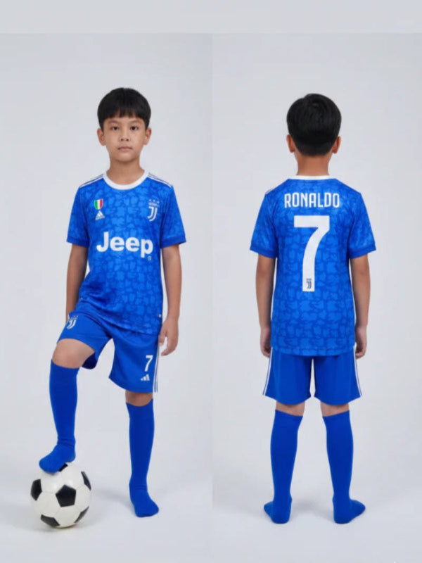 Child wearing a blue soccer jersey with 'Jeep' and 'Ronaldo 7' branding, standing next to a soccer ball.
