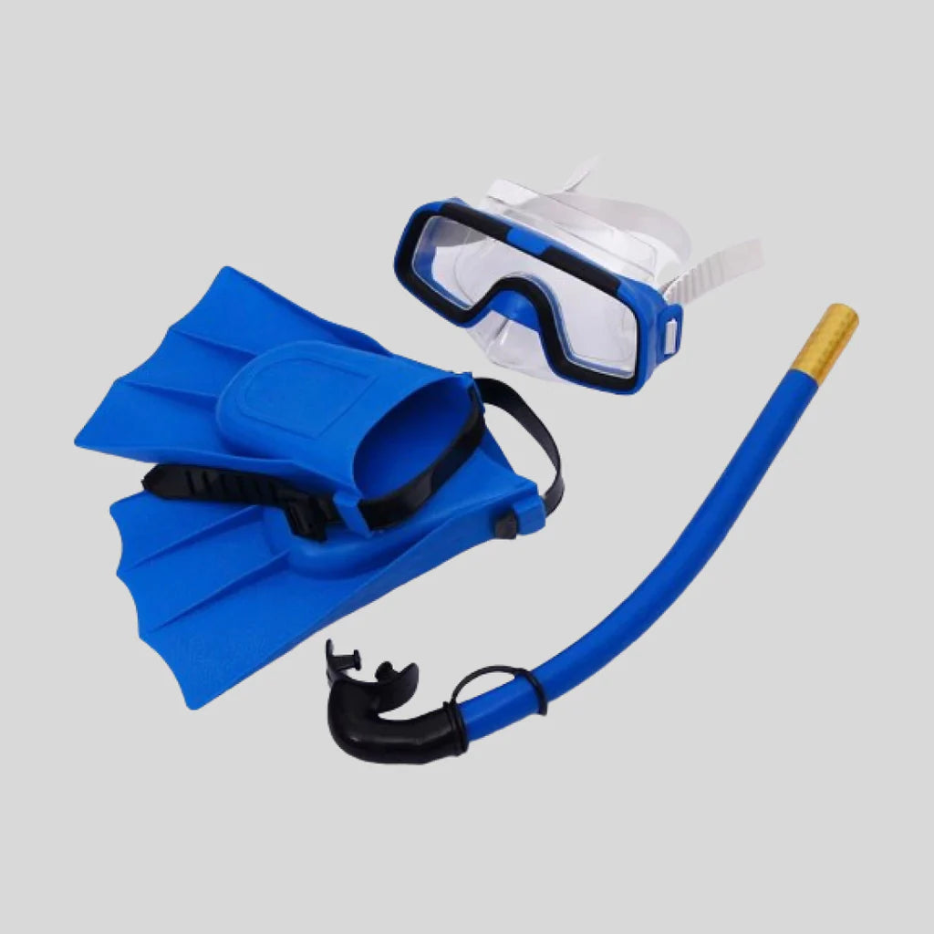 Blue diving mask, snorkel, and flippers on a light gray background