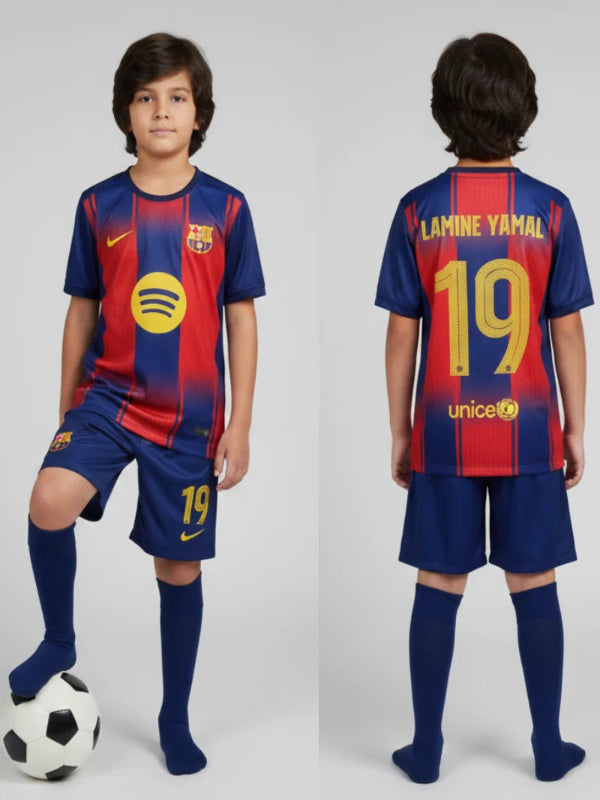 Child wearing a Barcelona soccer jersey with 'Lamine Yamal' and number '19', standing next to a soccer ball.