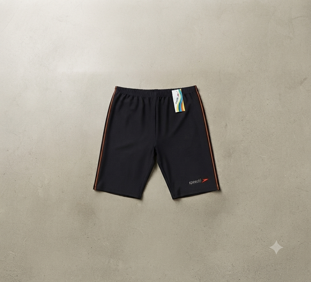 Men’s black swimming shorts with an elastic waistband and contrast side piping, front view