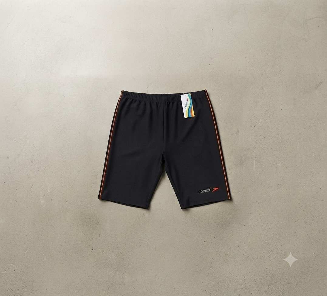 Men’s black swimming shorts with an elastic waistband and contrast side piping, front view