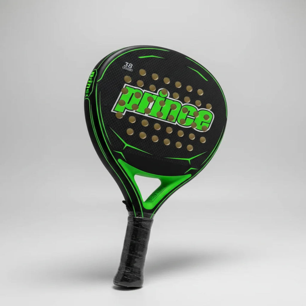 Black and green tennis racket with 'Prince' branding on a gray background