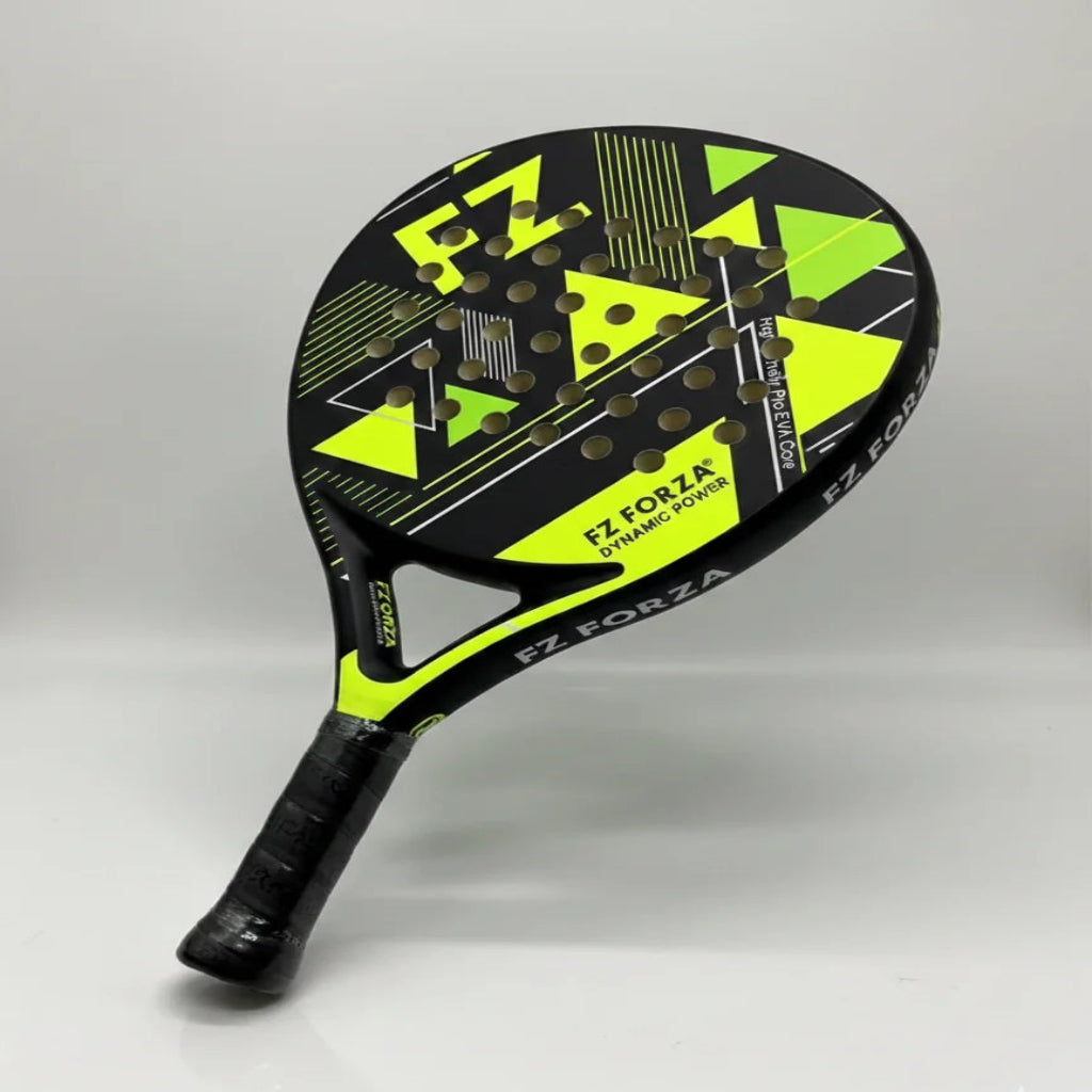 Pickleball paddle with black and yellow design on a white background
