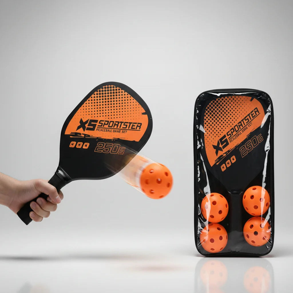 Orange Pickleball paddle and balls set with 'XS Sportster' branding on a gray background