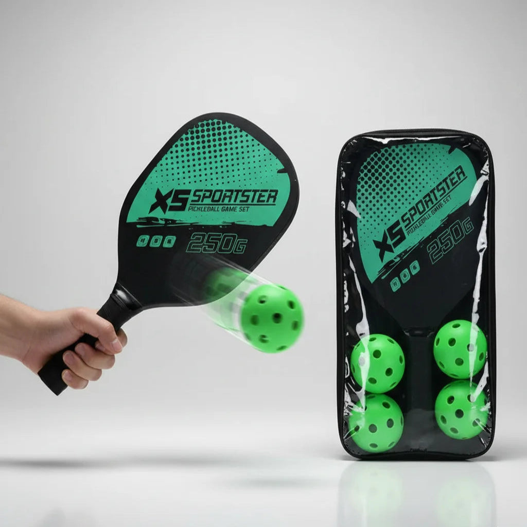 Pickleball green paddle and balls set with 'XS Sportster' branding on a light gray background