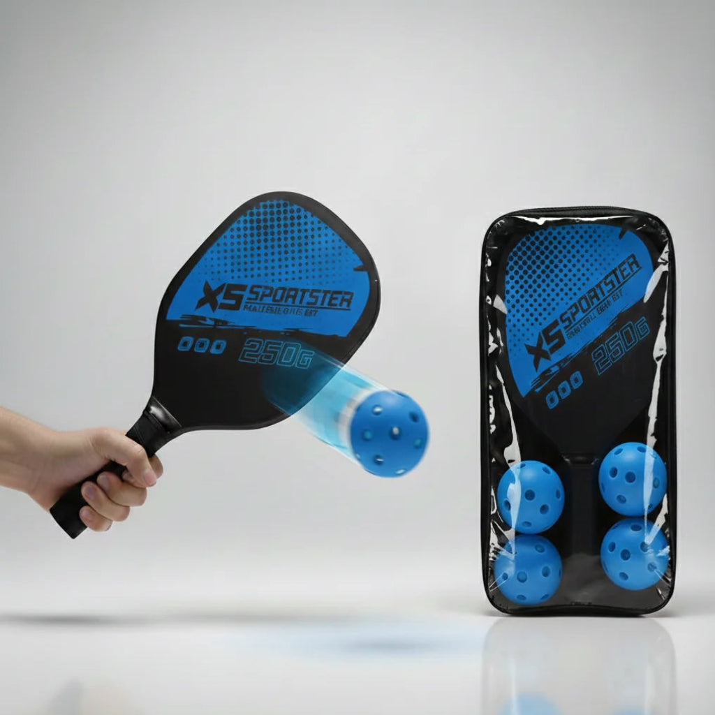 Blue pickleball paddle with black handle and packaging on a gray background