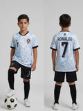 Portugal Away soccer jerseys with 'Ronaldo' and number '7', one facing forward and one back, on a light gray background.