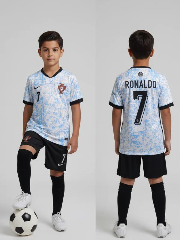 Portugal Away soccer jerseys with 'Ronaldo' and number '7', one facing forward and one back, on a light gray background.