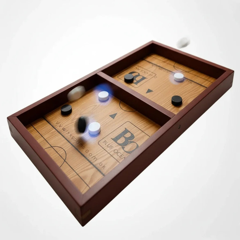 Wooden board game with marble-like pieces on a white background