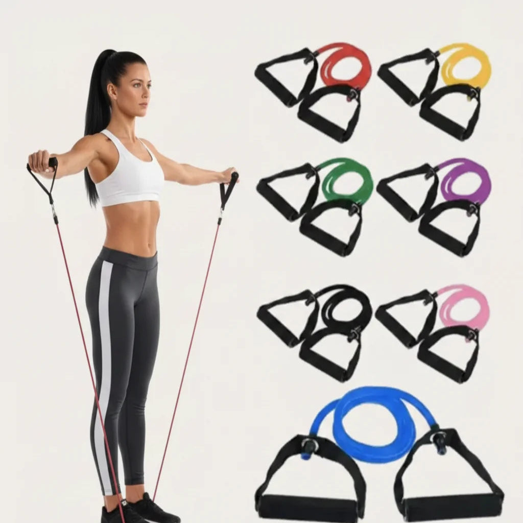 Woman exercising with resistance bands on a white background with additional resistance bands displayed.