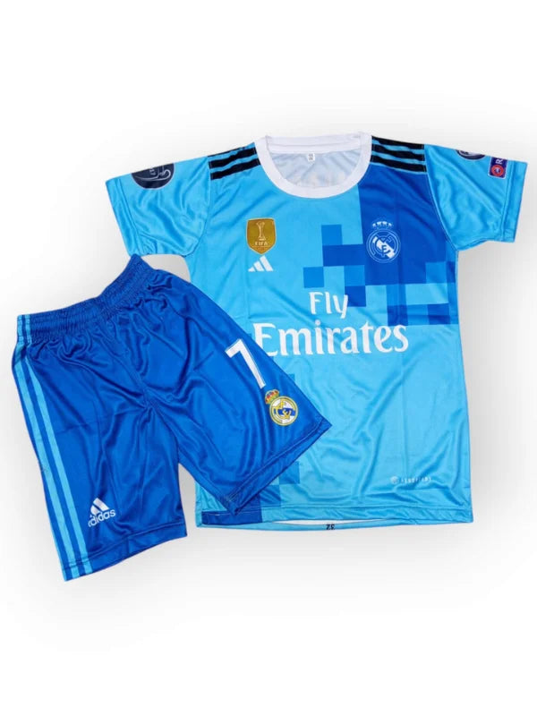 Blue sports jersey and shorts set with Adidas logo on a white background