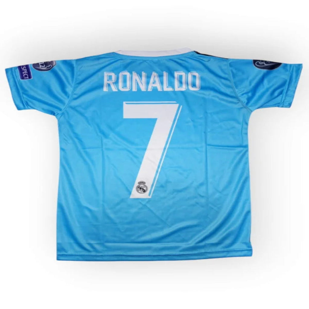 Blue sports jersey with 'Ronaldo' and number '7' on a white background