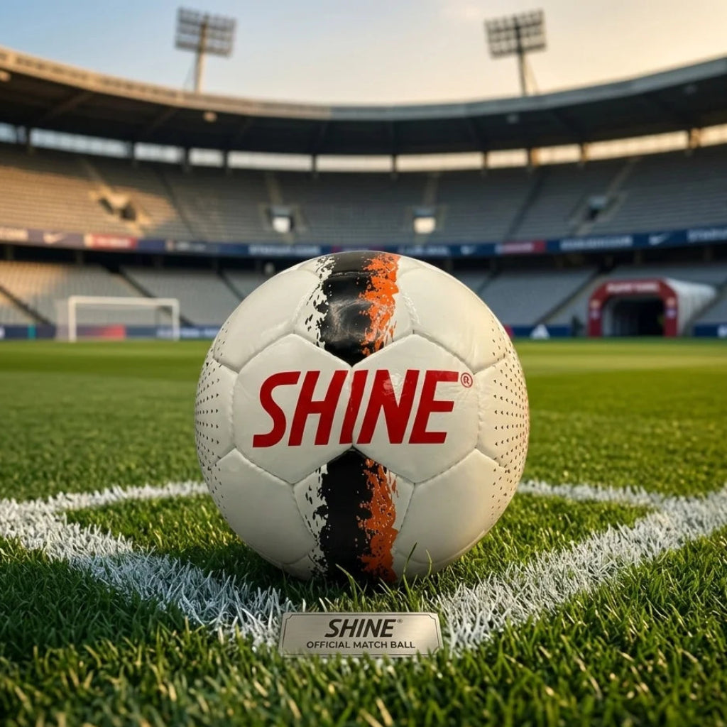 Soccer ball with 'SHINE' branding on a football field