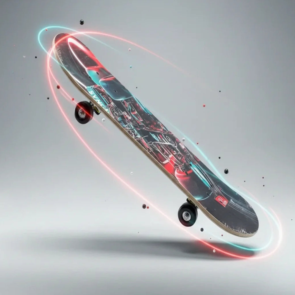 Skateboard with glowing red and blue lights on a gray background