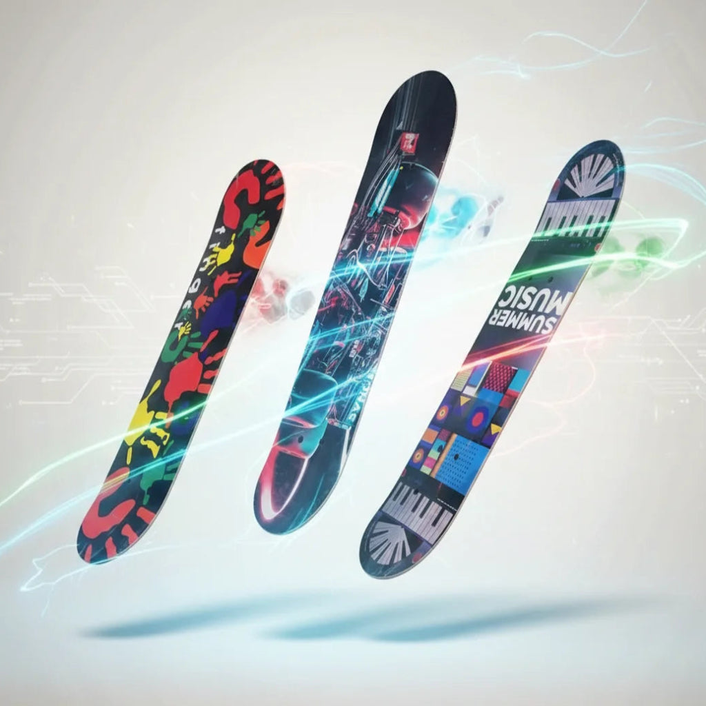 Three colorful snowboards with abstract designs on a light gray background
