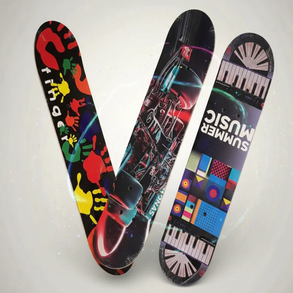 Three colorful snowboards with unique designs on a light gray background
