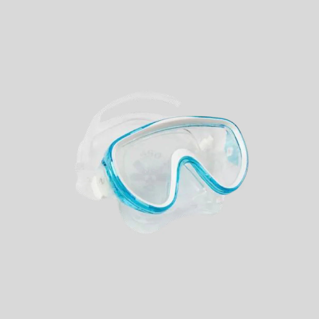 Clear diving mask with blue accents on a light gray background