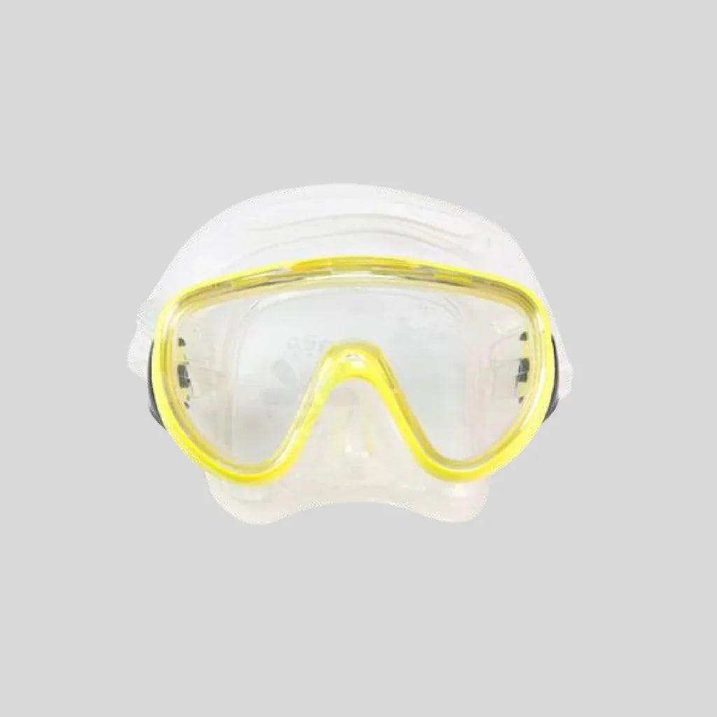 Clear diving mask with yellow frame on a gray background