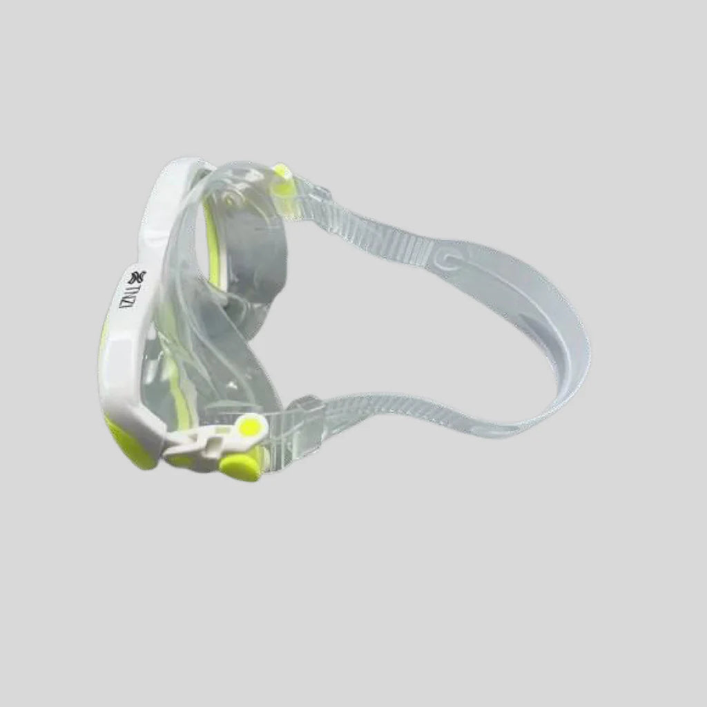Clear diving mask with white strap on a light gray background