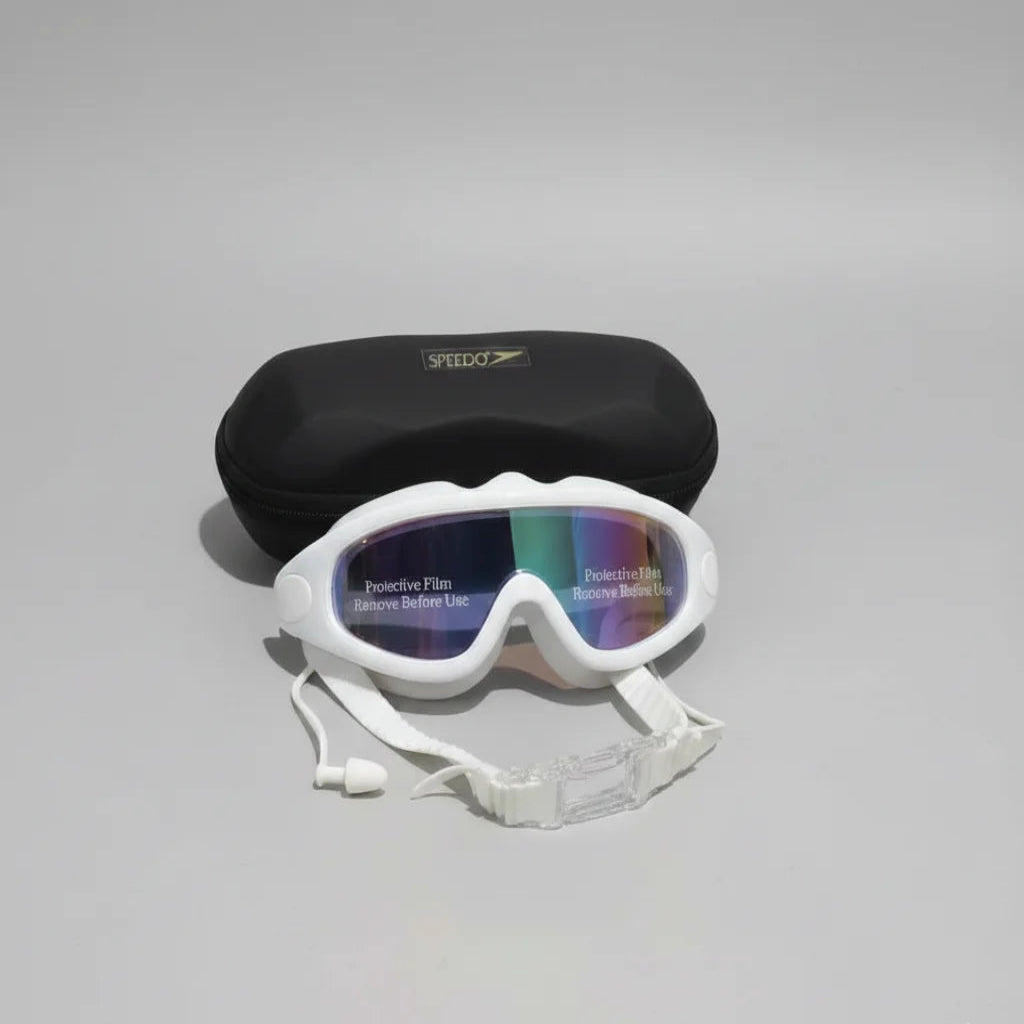 White goggles with protective film on a gray background