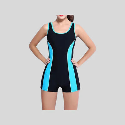 Black and blue swimsuit on a plain background