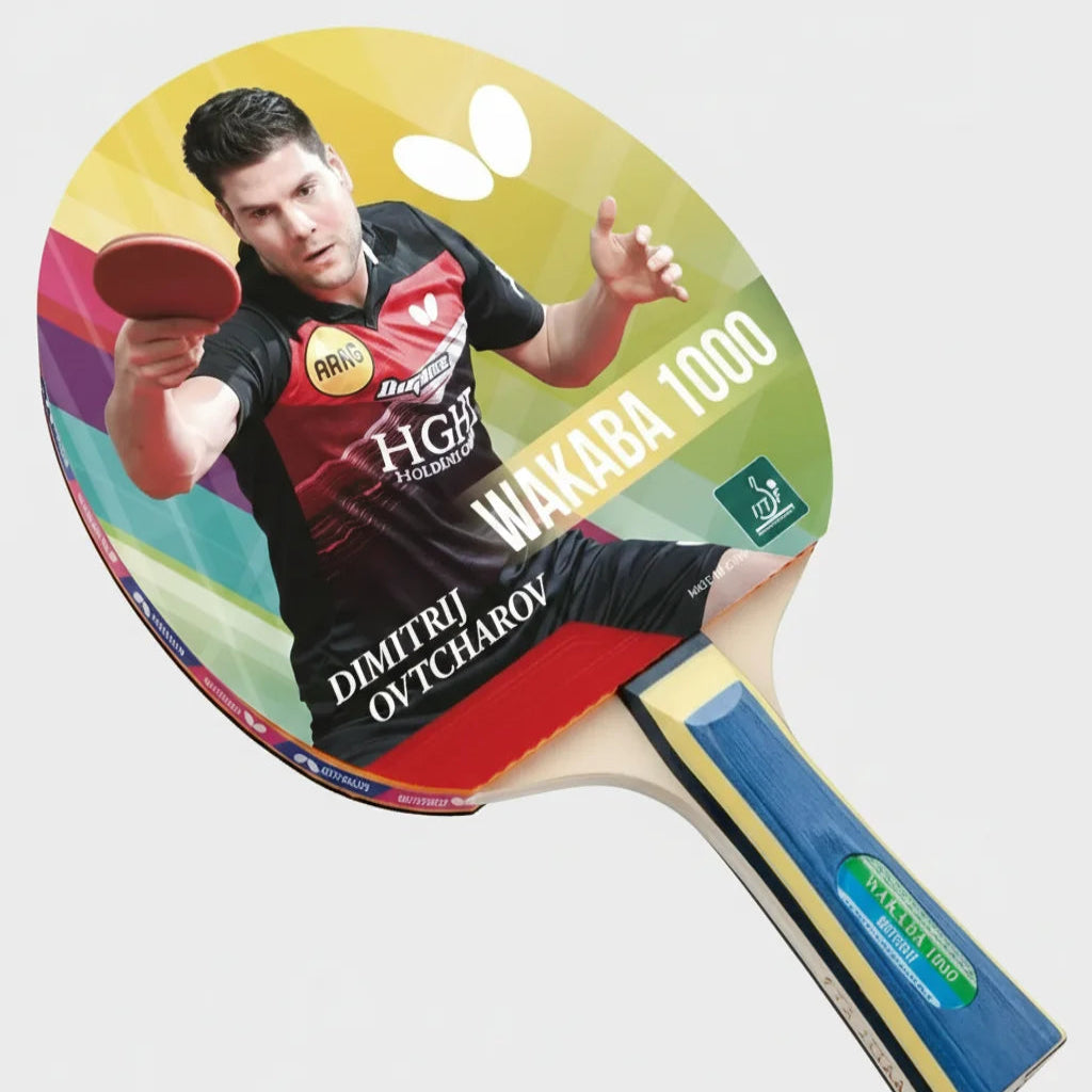 Table tennis paddle with player image and brand logos on a white background