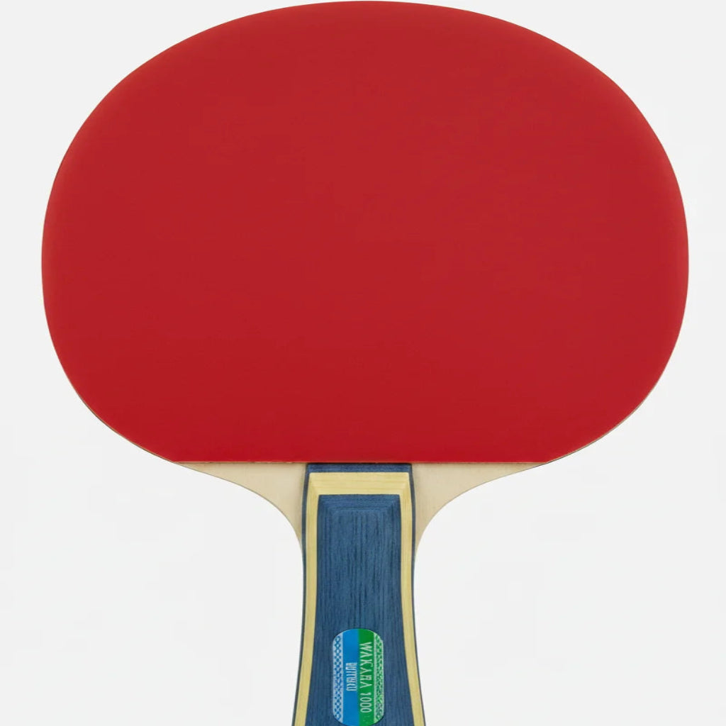 Red ping pong paddle with a blue handle on a white background