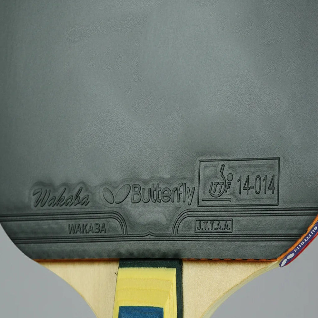 Close-up of a table tennis paddle with brand names on a gray background